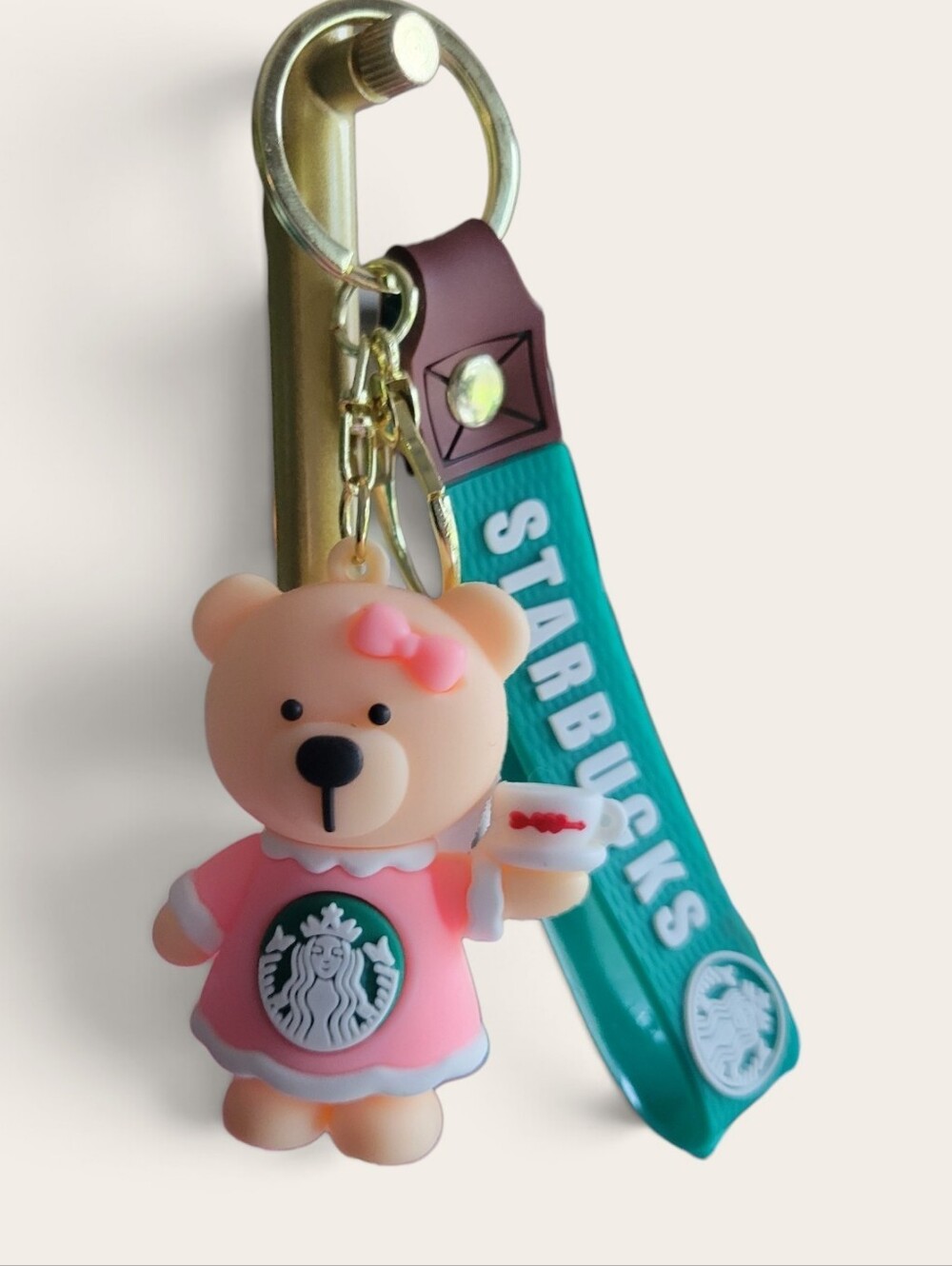 Starbucks Pink Bear Keychain with Green Logo Strap